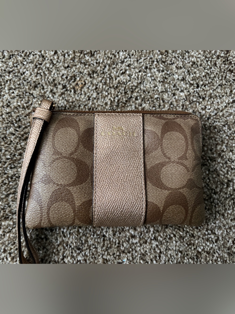 Coach Brown Signature Wristlet with Metallic Rose Center